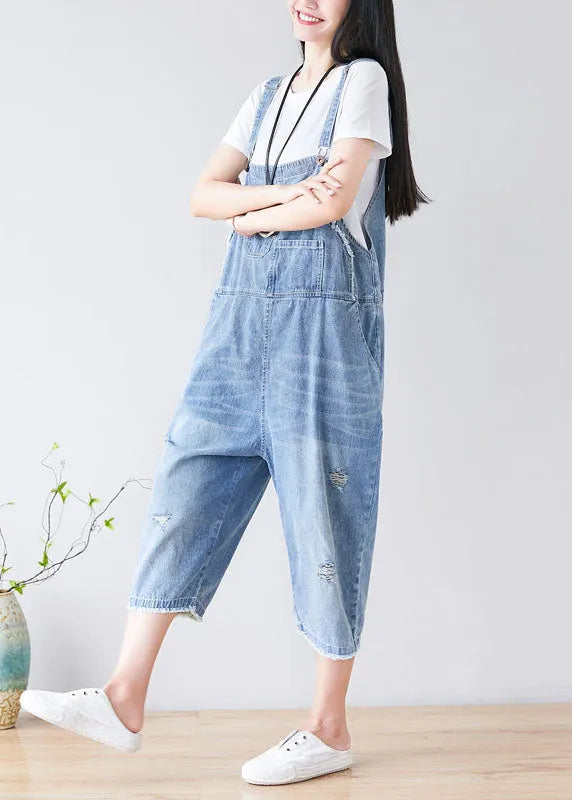 Light Blue Hole Pockets Cowboy Jumpsuits Spring