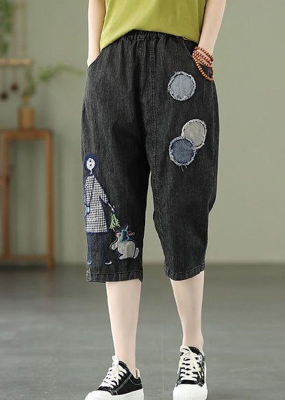 Blue Embroidered Print Elastic Waist Denim Crop Pants Summer