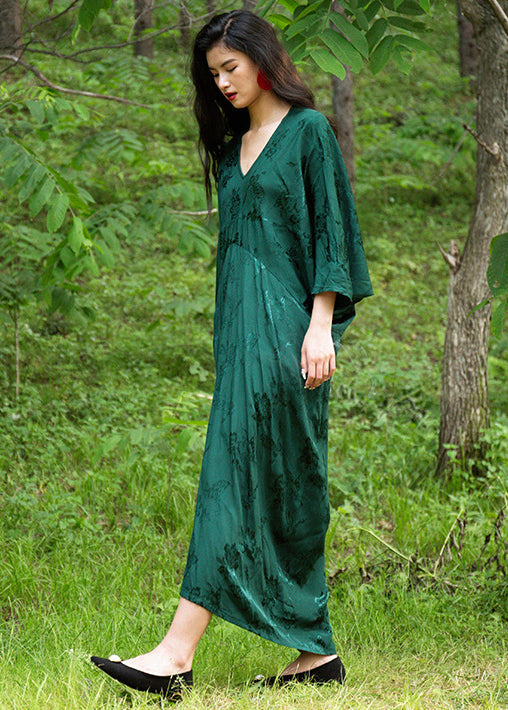 Green V Neck Jacquard Silk Robe Dresses Batwing Sleeve