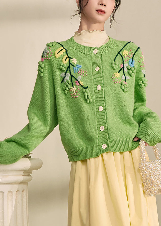 Green Embroidered Button Cotton Knit Cardigans Fall