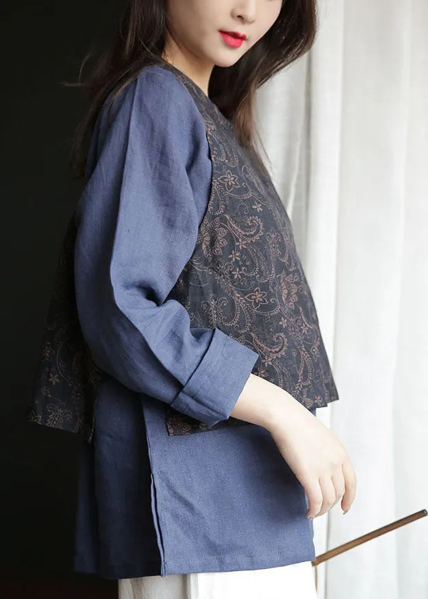 French Navy O-neck Patchwork Tie Waist Linen Fake Two Piece Shirt Tops Spring