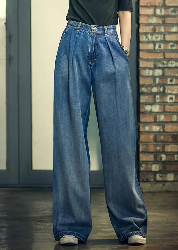 Denim Blue High Waist Pockets Button Cotton Loose Wide Leg Pants Spring