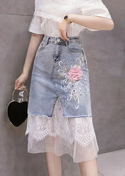 Blue Tulle Patchwork Button Denim Skirt