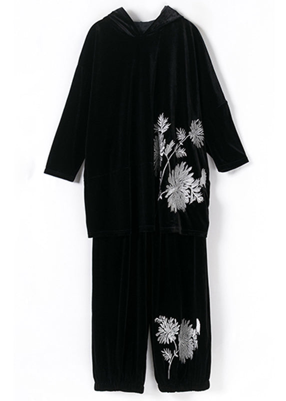 Black Embroideried Velour Top and Pants Two Pieces Set Fall
