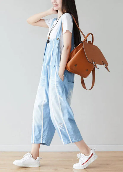 Handmade Light Blue Pockets Striped Jumpsuits Summer