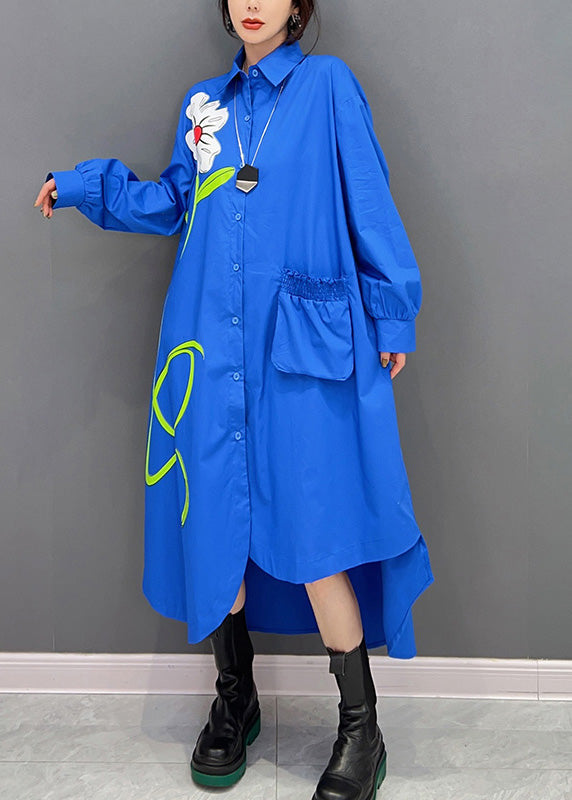 Blue Peter Pan Collar Asymmetrical Print Button Maxi Shirts Dress Long Sleeve