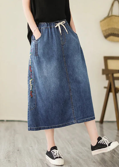 Blue Embroideried Pockets Denim Skirts Summer