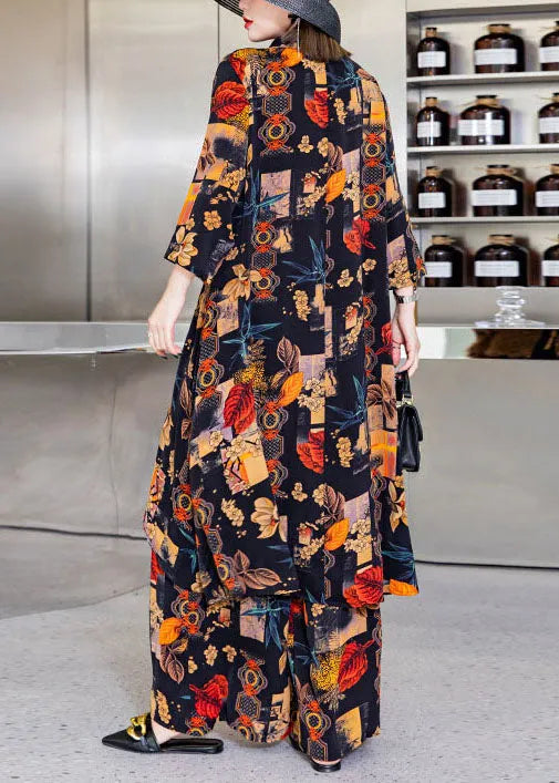 Black Asymmetrical Print Silk Shirts Wide Leg Pants Two Pieces Set Spring