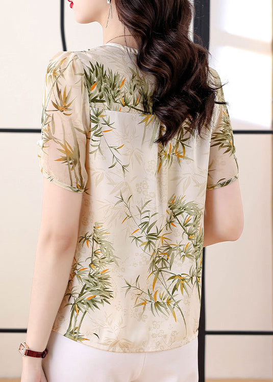 Green Tasseled Print Chiffon Blouse Top Summer