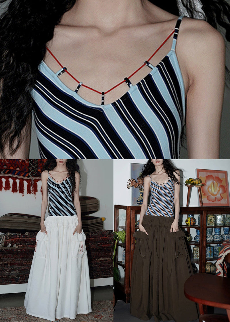 Brown Wrinkled Pockets Patchwork Cotton Sleeveless Long Dresses Striped