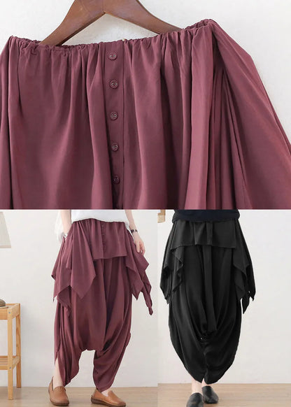 Red Asymmetrical Button Cotton Wide Leg Pants Skirt Fall