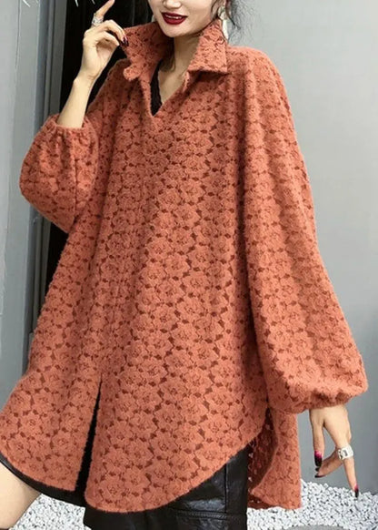 Orange Peter Pan Collar Print Side Open Shirts Long Sleeve