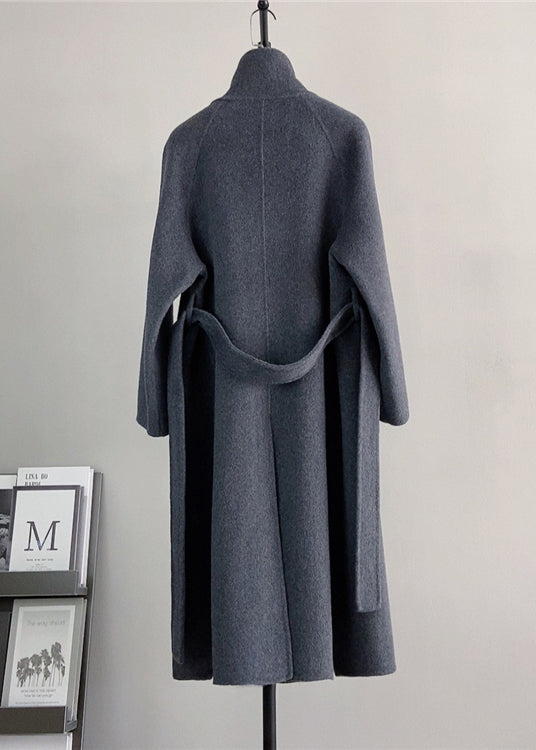 Dark Grey Stand Collar Tie Waist Woolen Coat Winter