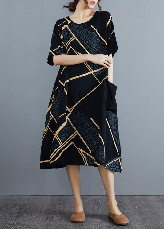 French Black Print Half Sleeve Maxi Summer Cotton Linen Dress