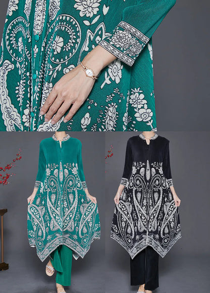 Diy Green Asymmetrical Print Silk Dress and Pant Two Pieces Set Fall