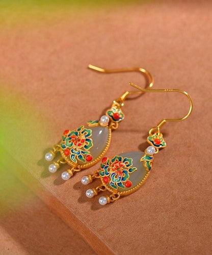 Fine White Sterling Silver Jade Cloisonne Enamel Tassel Drop Earrings
