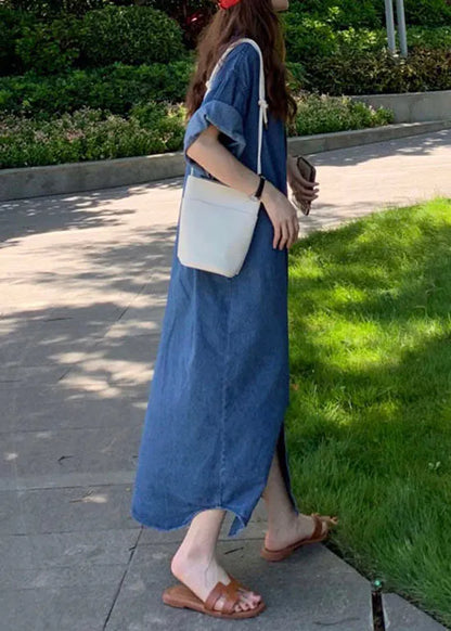 Blue Peter Pan Collar Patchwork Denim Shirts Dresses Summer