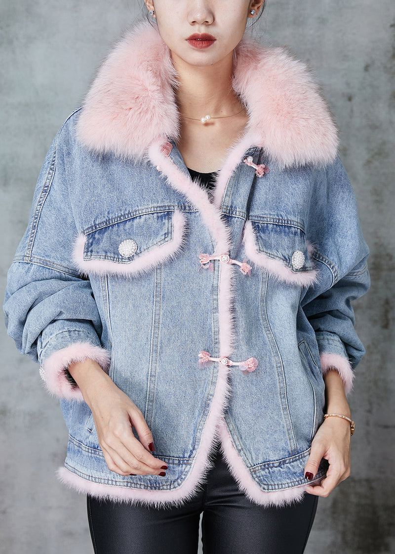 Blue Raccoon Hair Collar Patchwork Fine Cotton Filled Denim Jackets Winter