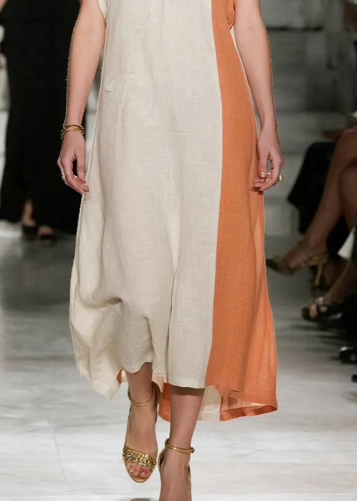 Art Beige Asymmetrical Patchwork Cotton Dresses Summer