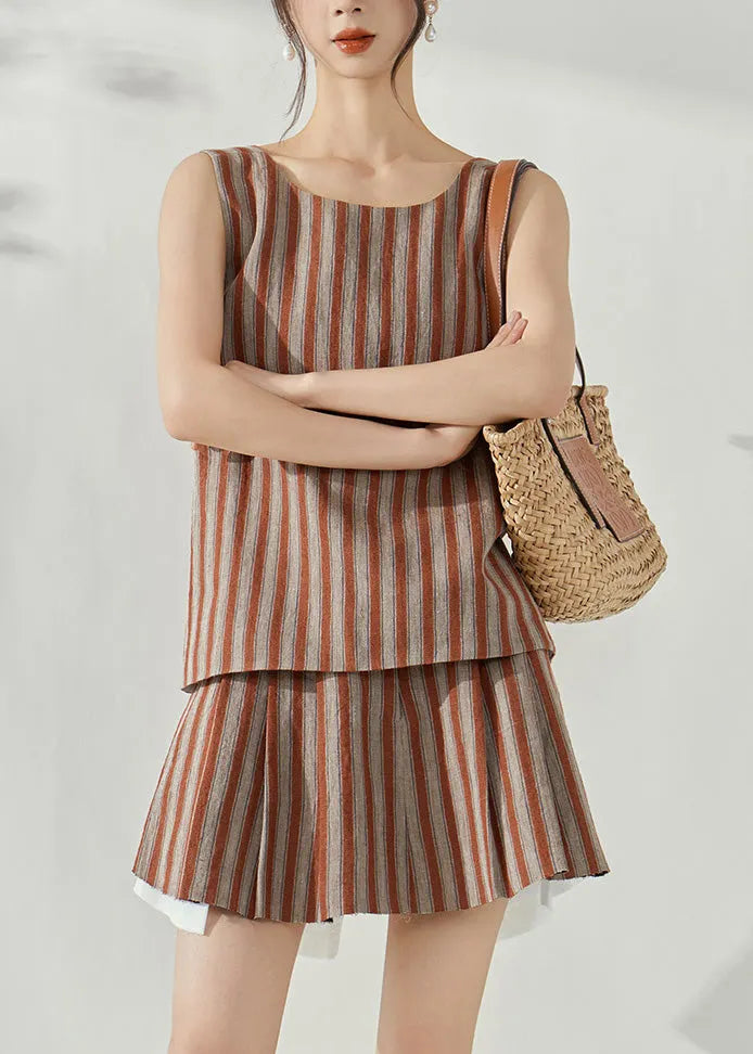Brown Striped Cotton Top and Skirts Two-piece Set Summer