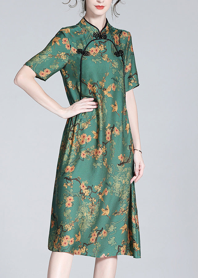 Green Stand Collar Print Button Silk Maxi Dress Short Sleeve