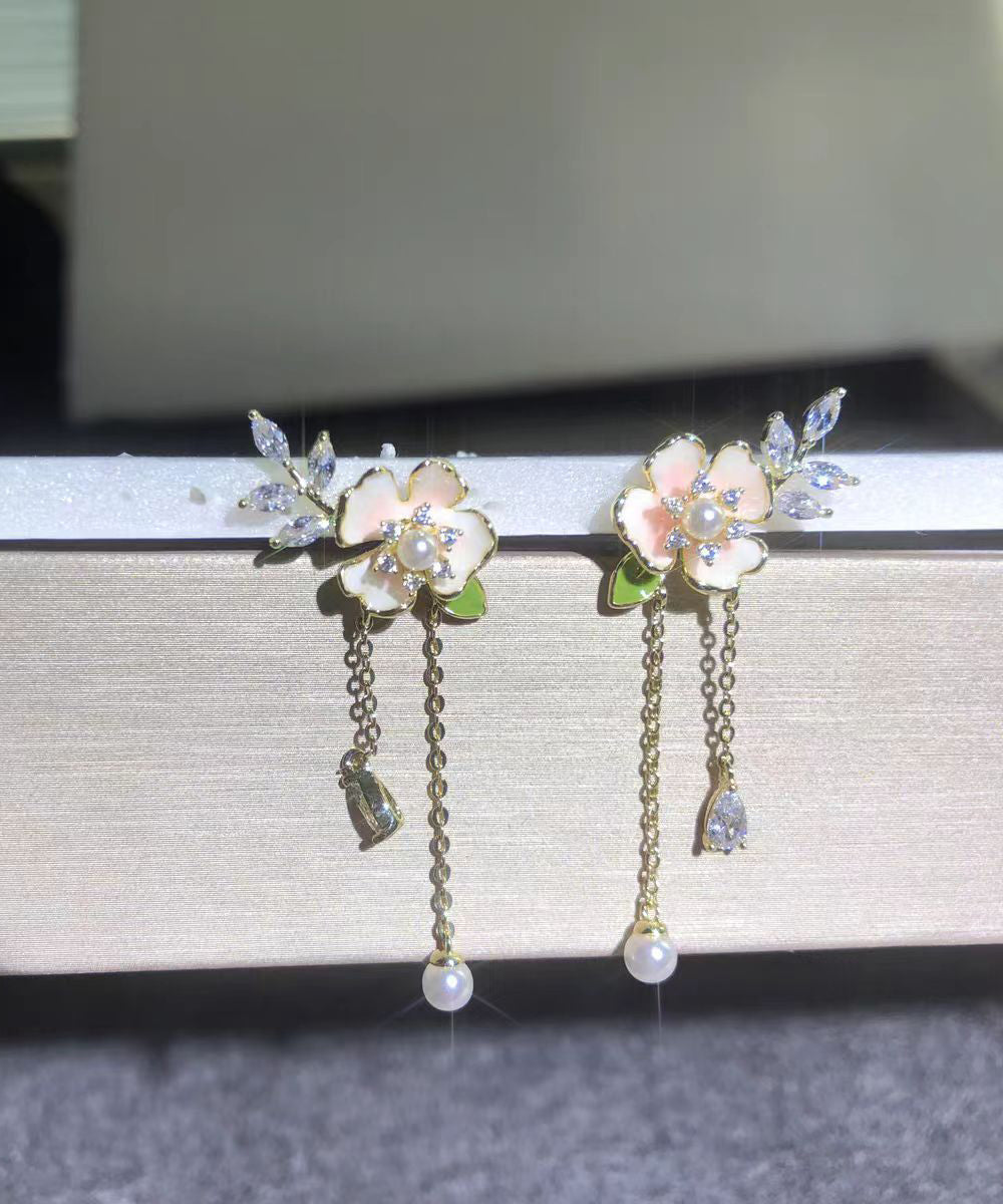 Gold Alloy Zircon Pearl Dripping Glaze Tassel Drop Earrings