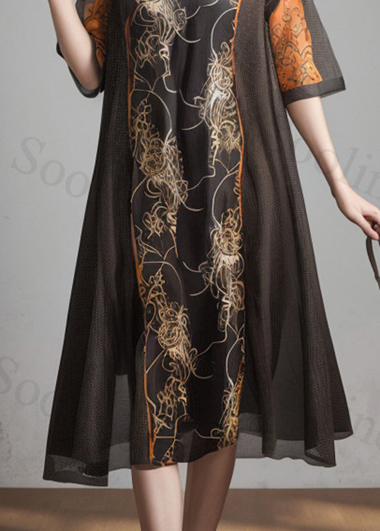 Black O Neck Print Silk Dress Summer