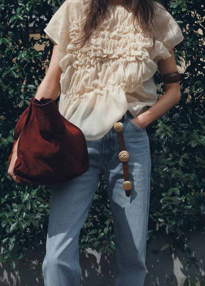 Apricot O-neck Wrinkled Chiffon Top Summer