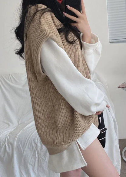 Khaki V Neck Oversized Knit Two Piece Set Outfits Spring