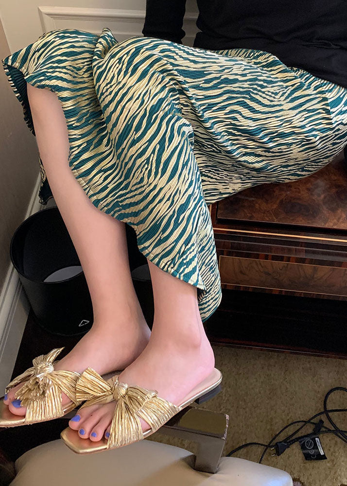 Green Wrinkled Striped Silk Skirt Summer