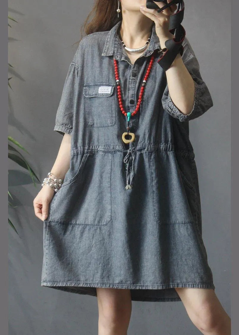 Denim Tie Waist Turn-down Collar Maxi Summer Cotton Dress
