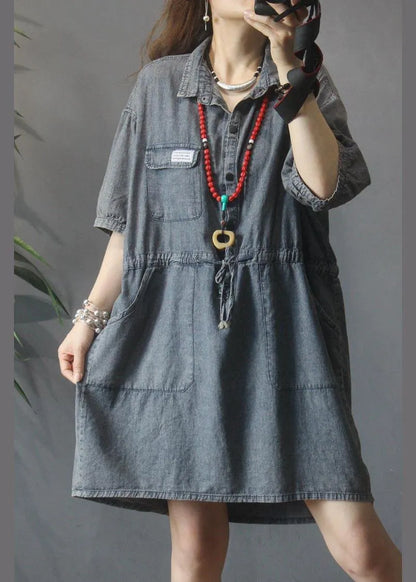 Denim Tie Waist Turn-down Collar Maxi Summer Cotton Dress