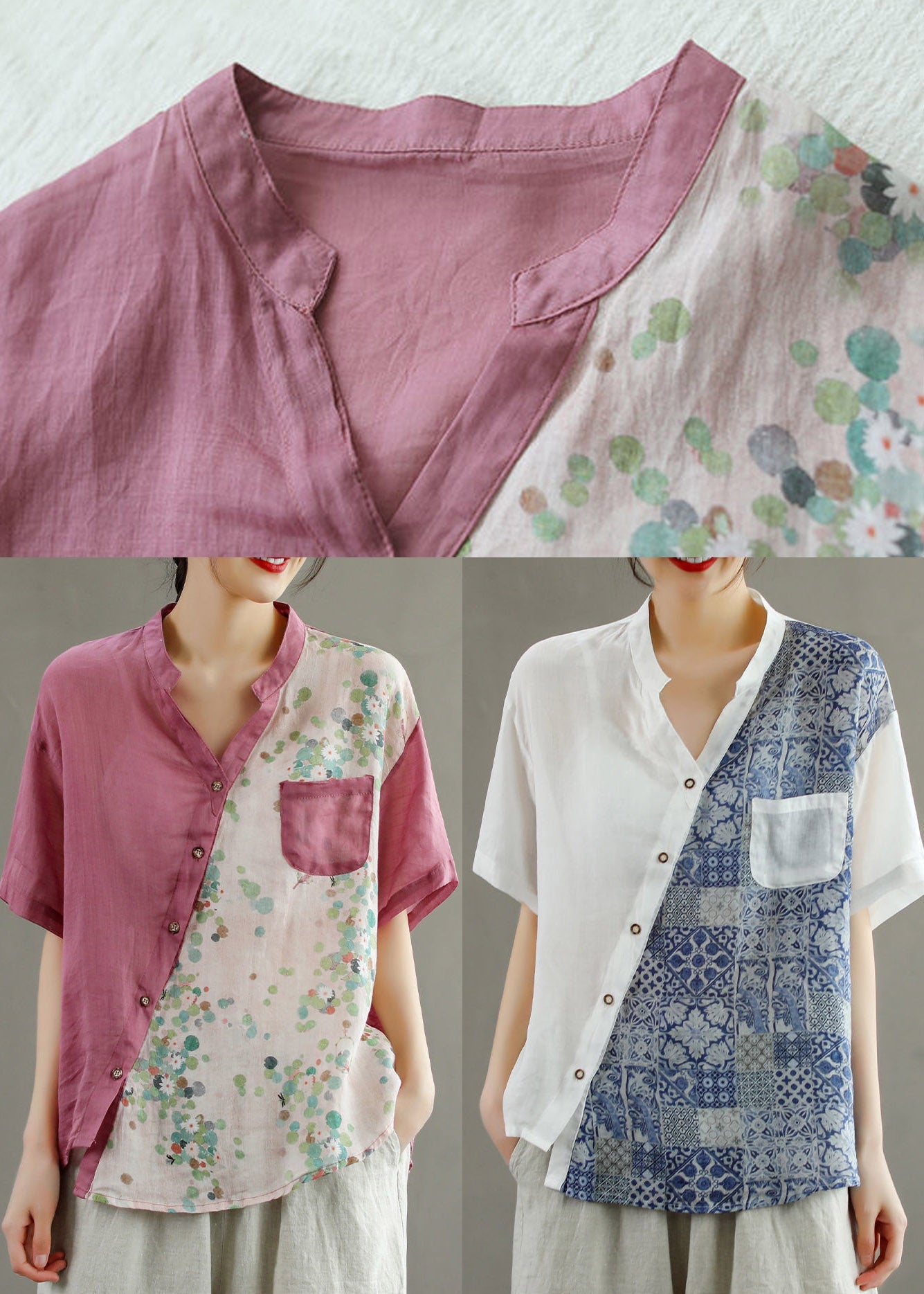 Yellow V Neck Asymmetrical Print Blouse Tops Short Sleeve