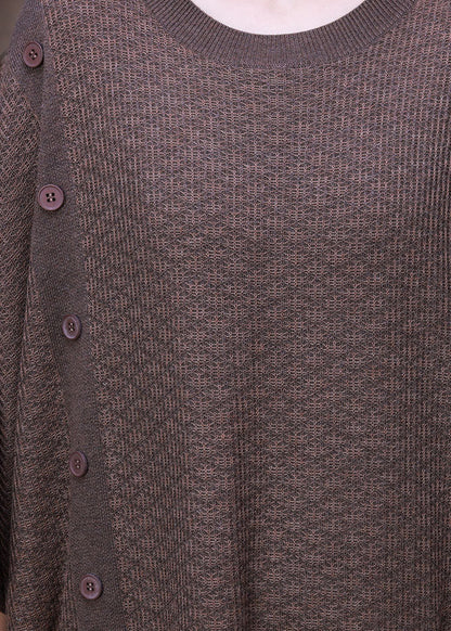 Light Chocolate O-neck Button Pockets Cashmere Maxi Dress Long Sleeve