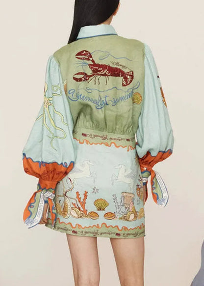 Natural Green Print Two Pieces Set Shirts and Skirts Lantern Sleeve