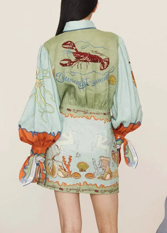 Natural Green Print Two Pieces Set Shirts and Skirts Lantern Sleeve