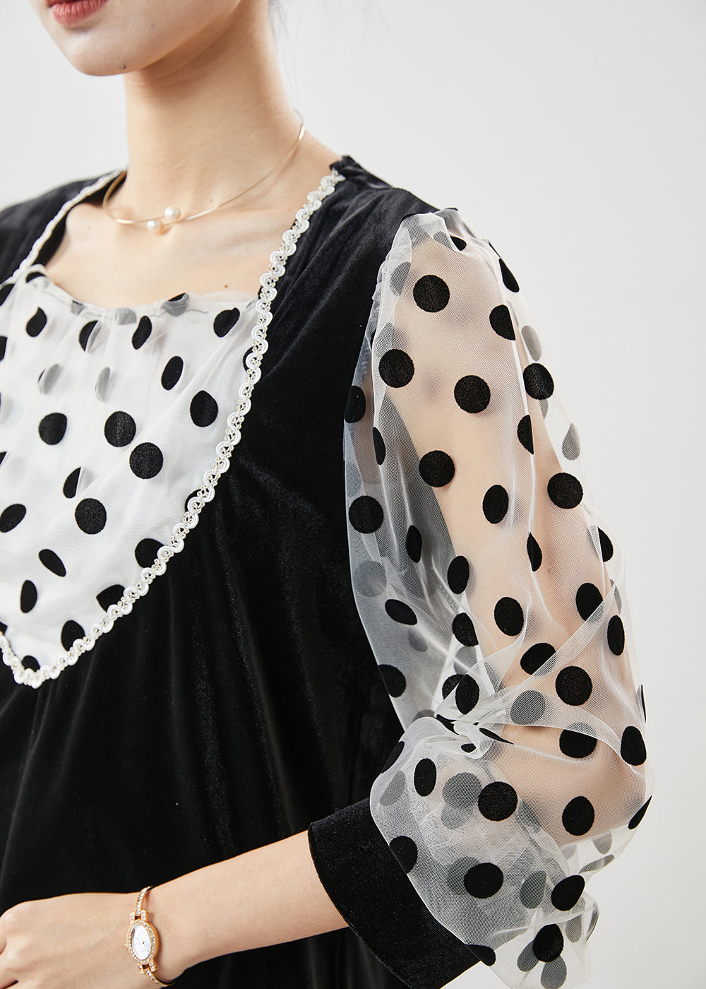 Black Dot Patchwork Velour Fake Two Piece Shirts Spring