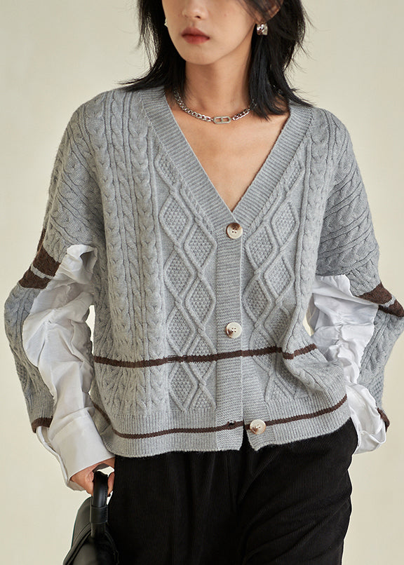 Grey V Neck Button Patchwork Cotton Knit Top Fall