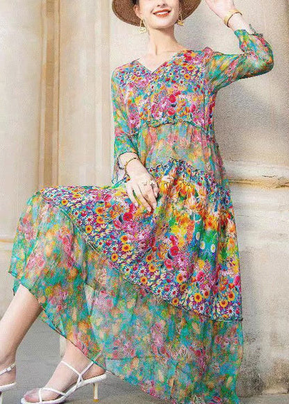 Colorblock V Neck Print Patchwork Chiffon Dresses Bracelet Sleeve