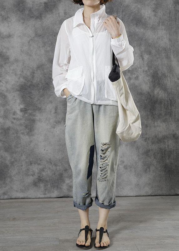 Italian White Loose Pockets Fall Tops Long Sleeve