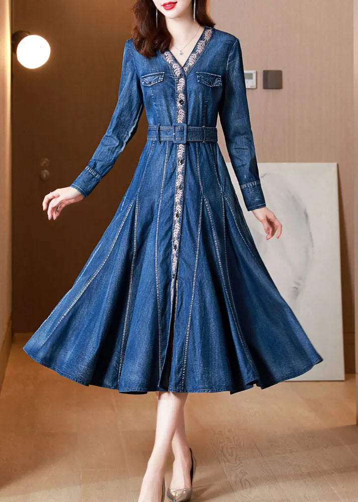 Blue V Neck Print Button Sashes Silk Denim Maxi Dresses Long Sleeve Spring