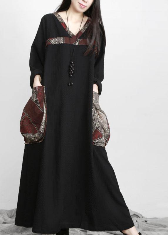 Black V Neck Patchwork Print Pockets Dress Fall