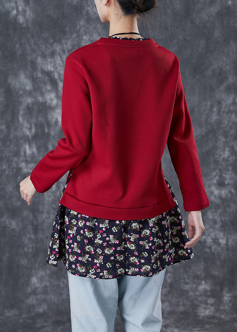 Red Print Patchwork Warm Fleece Blouses Winter