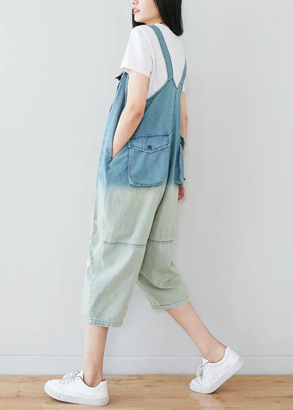 Light Blue Patchwork Gradient Color Cotton Overalls Jumpsuit Spring