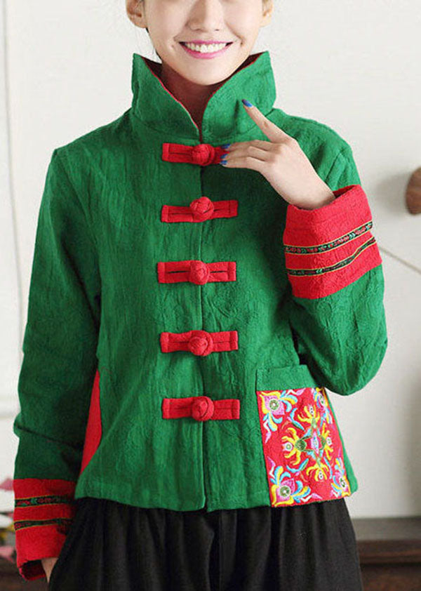 Unique Green Stand Collar Print Patchwork Cotton Chinese Style Coats Spring