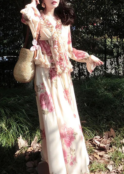 Apricot Ruffled Print Chiffon Two Pieces Set Spring