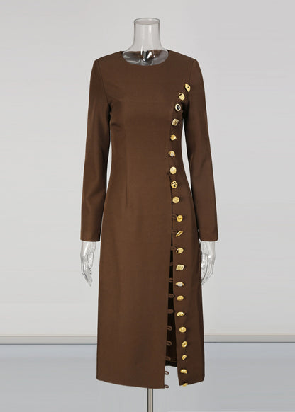 Slim Fit Coffee O-neck Patchwork Button Trench Coats Fall