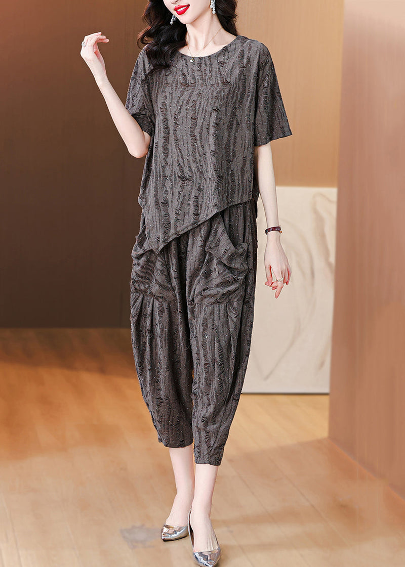 Loose Grey O Neck Zircon Pockets Cotton Two Pieces Set Summer