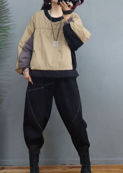 Khaki O-neck Lantern Sleeve Fine Cotton Filled Sweatshirt Street Wear