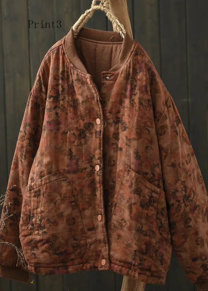 Stand Collar Pockets Print Fine Cotton Filled Coat Spring